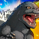 A cartoon Godzilla roars atop an explosive background.